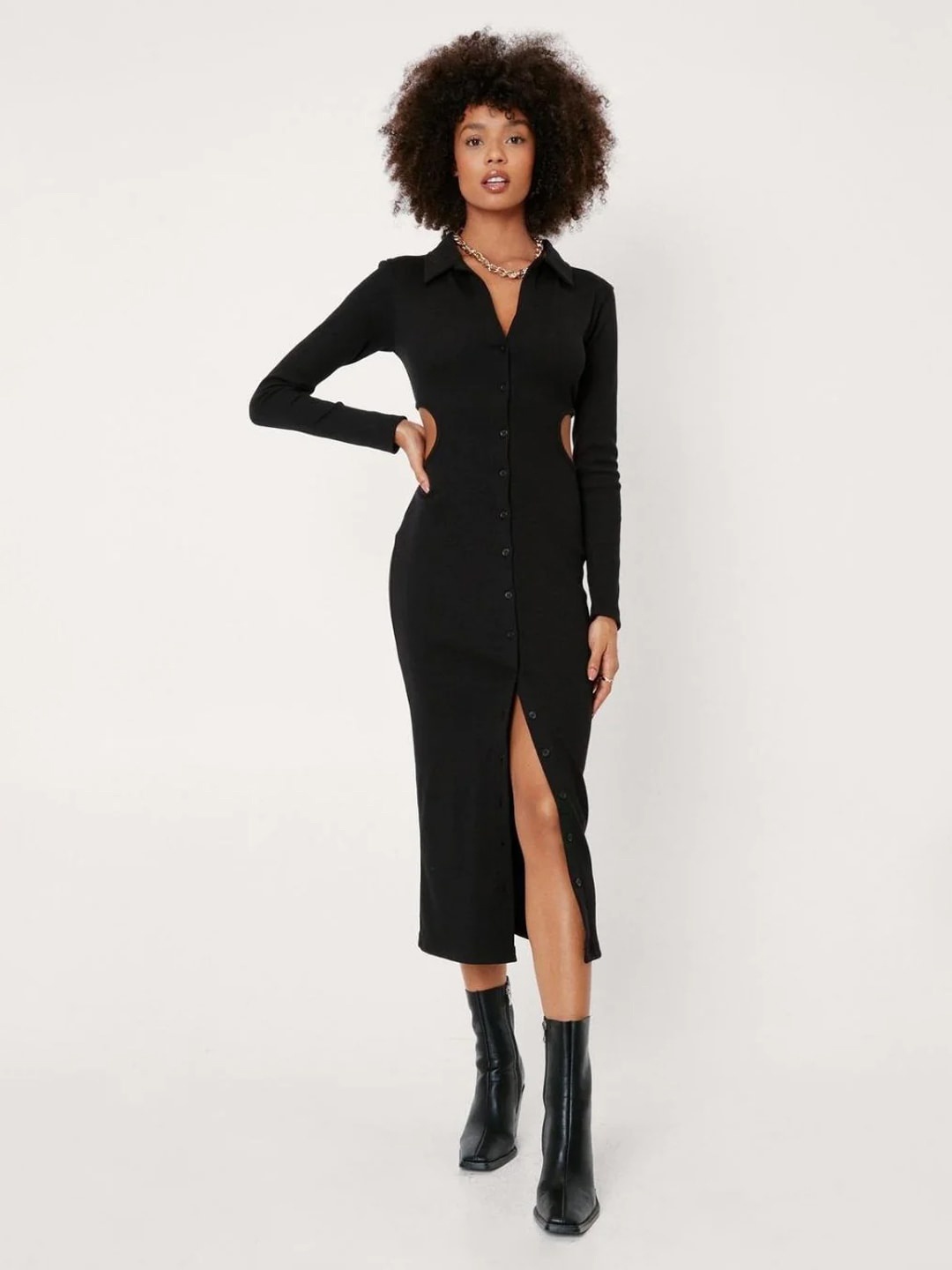

Styched Shirt Style Cotton Midi Dress, Black