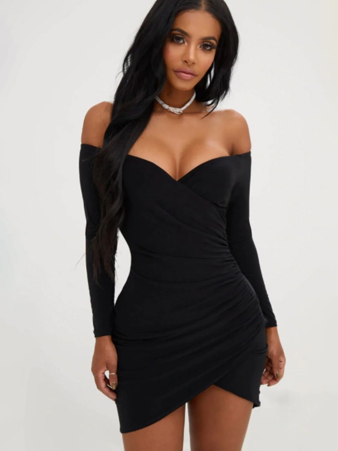 

Styched Off Shoulder Tulip Hem Bodycon Mini Dress, Black