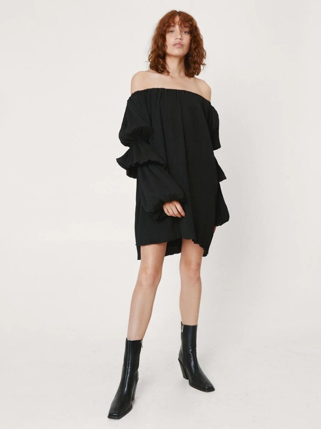 

Styched Off-Shoulder Long Puff Sleeves A-Line Dress, Black