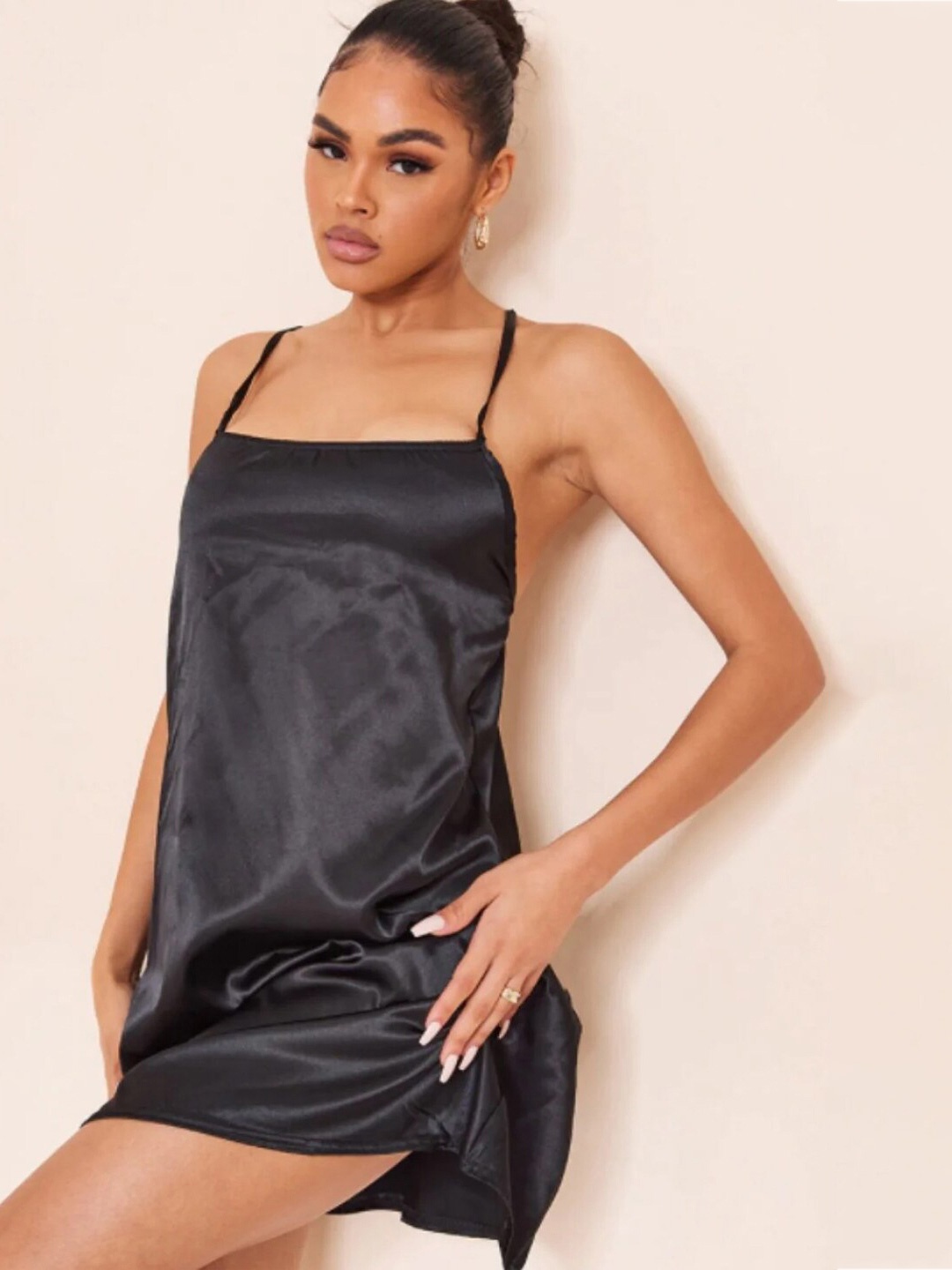 

Styched Shoulder Straps A-Line Satin Mini Dress, Black