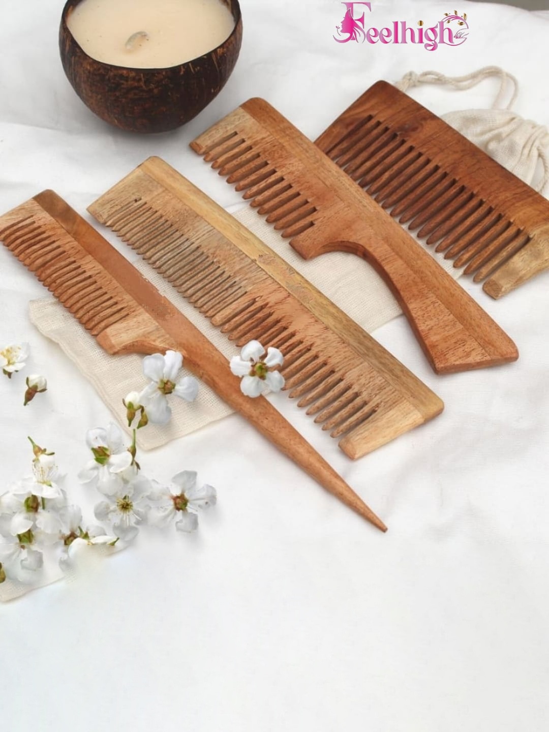 

FEELHIGH Set Of 4 Neem Wooden Combs For Removing Dandruff - Brown