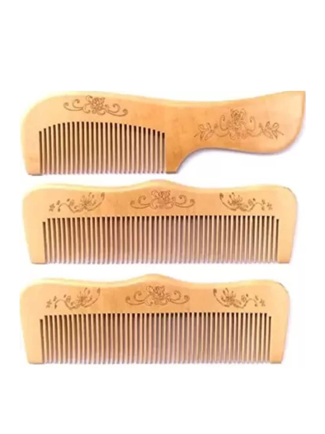 

FEELHIGH Set Of 3 Neem Wood Broad Tooth Anti-Dandruff Combs - Brown