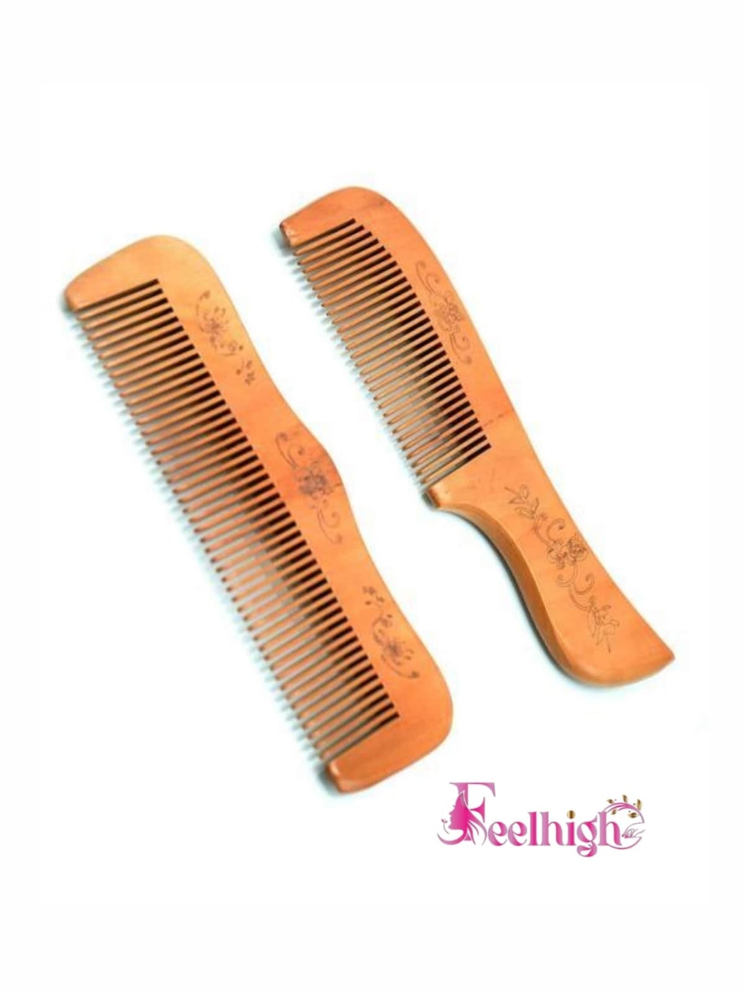 

FEELHIGH Set Of 2 Neem Wood Broad Tooth Anti-Dandruff Combs, Brown