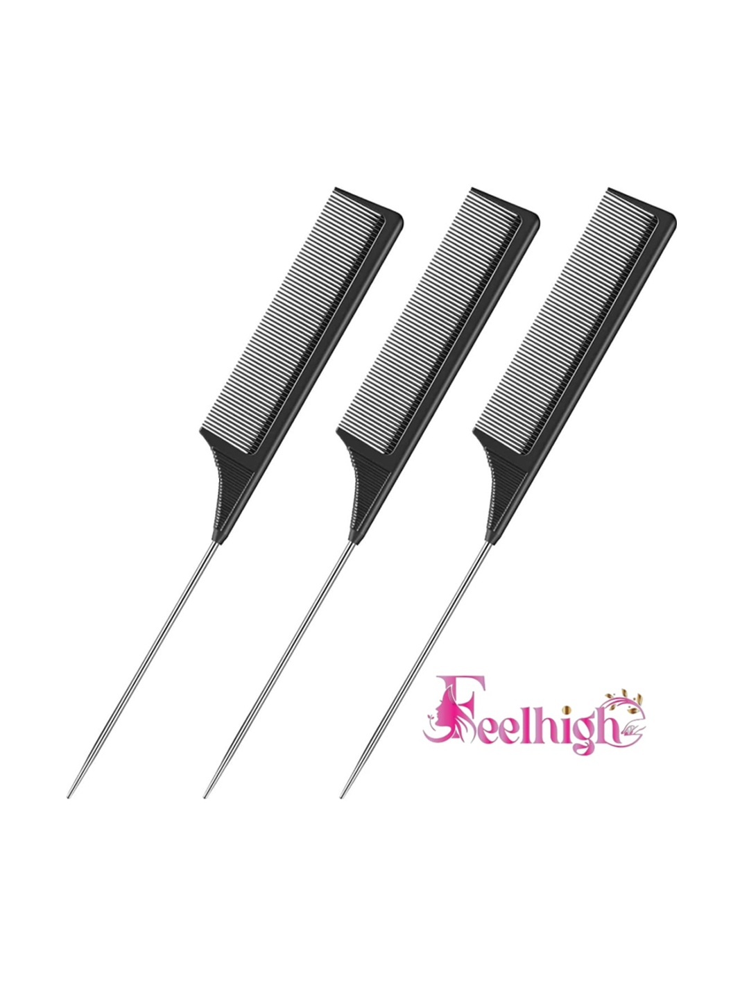 

FEELHIGH Set Of 3 Tail Combs With Stainless Steel Pintail, Silver