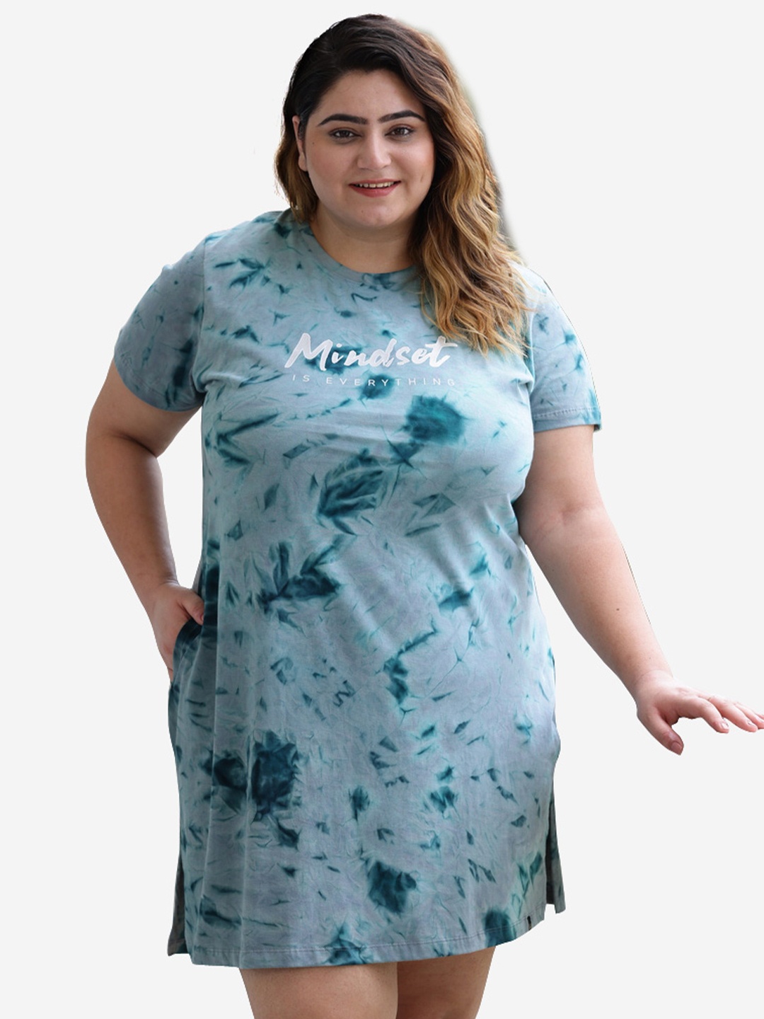 TITTLI Plus Size Abstract Printed Pure Cotton T-shirt Dress, Blue