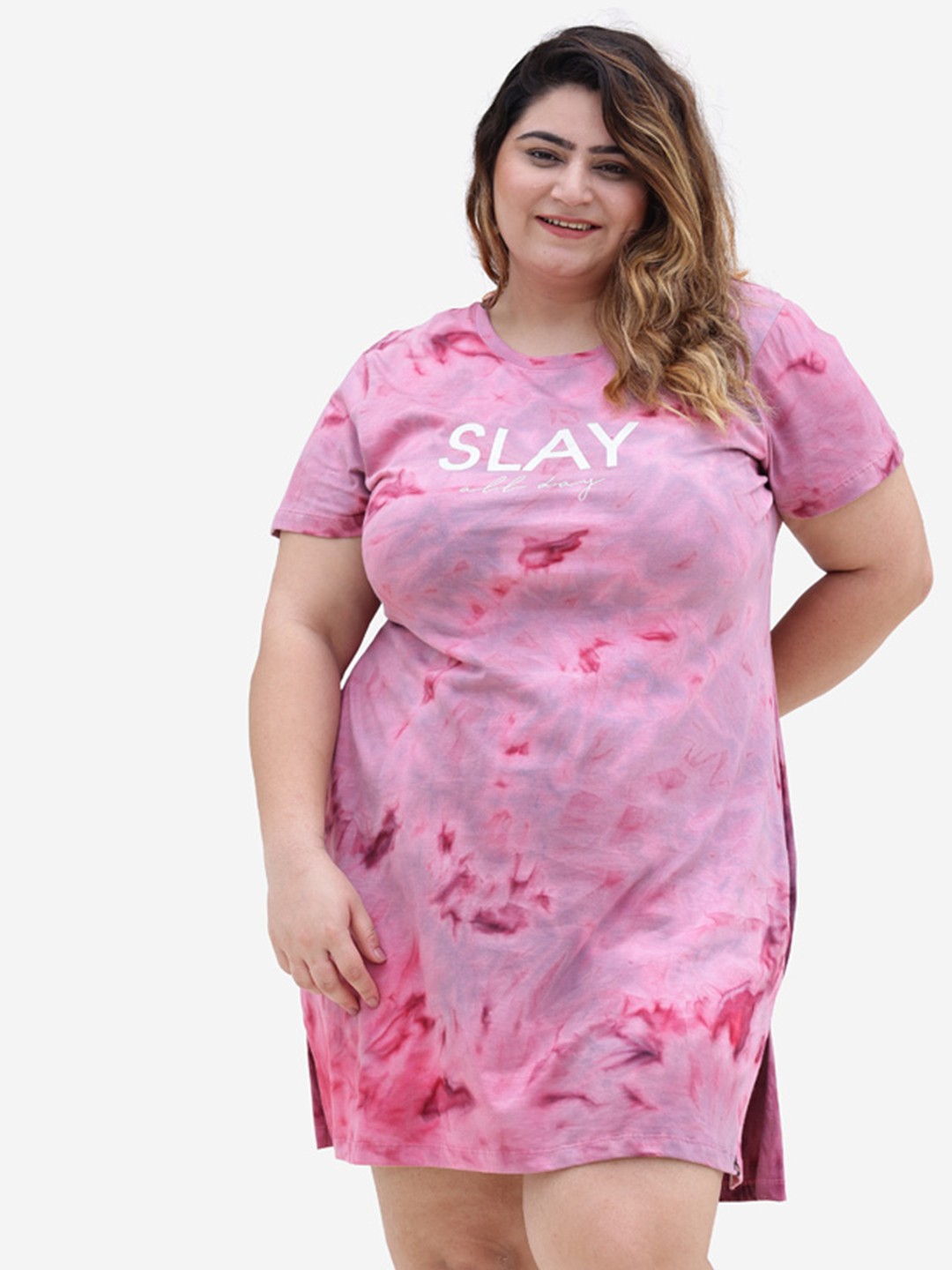 

TITTLI Plus Size Abstract Printed Pure Cotton T-shirt Dress, Pink