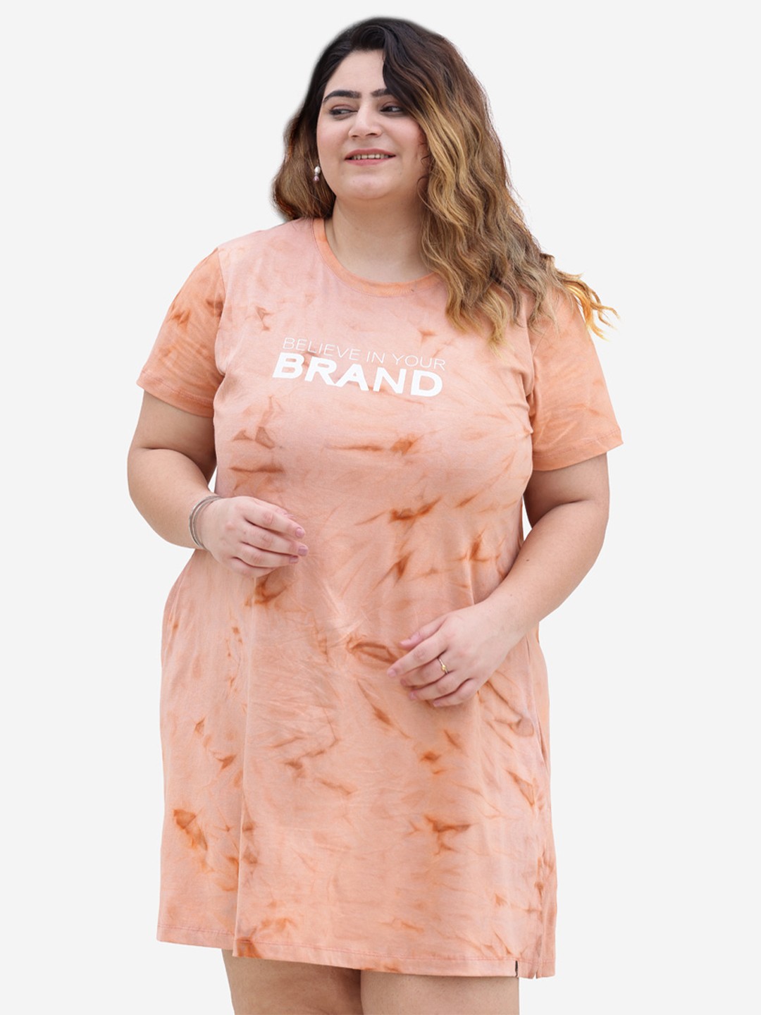 

TITTLI Plus Size Abstract Printed Pure Cotton T-shirt Dress, Orange