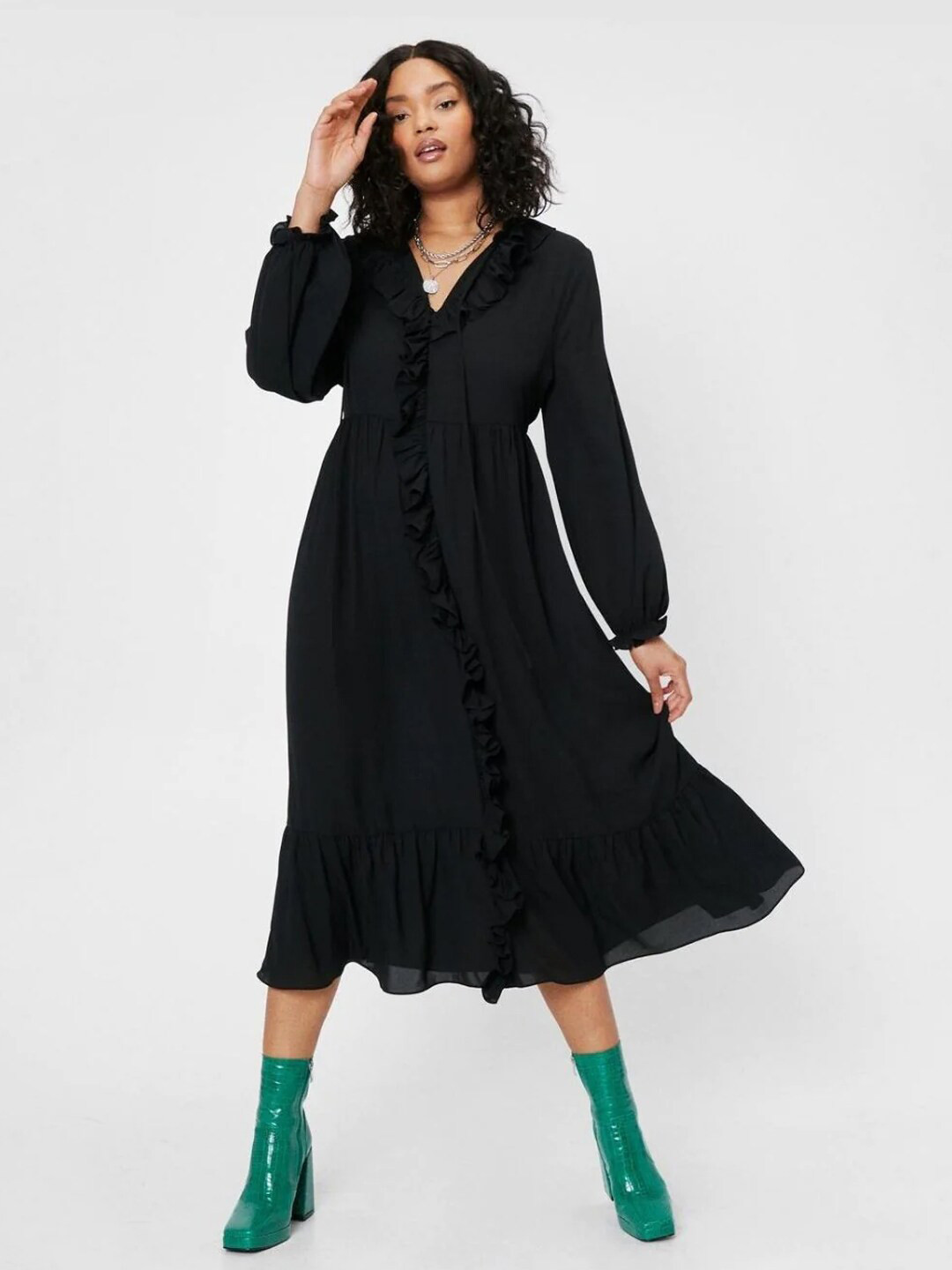 

Styched Ruffled Puff Sleeve Fit & Flare Dress, Black