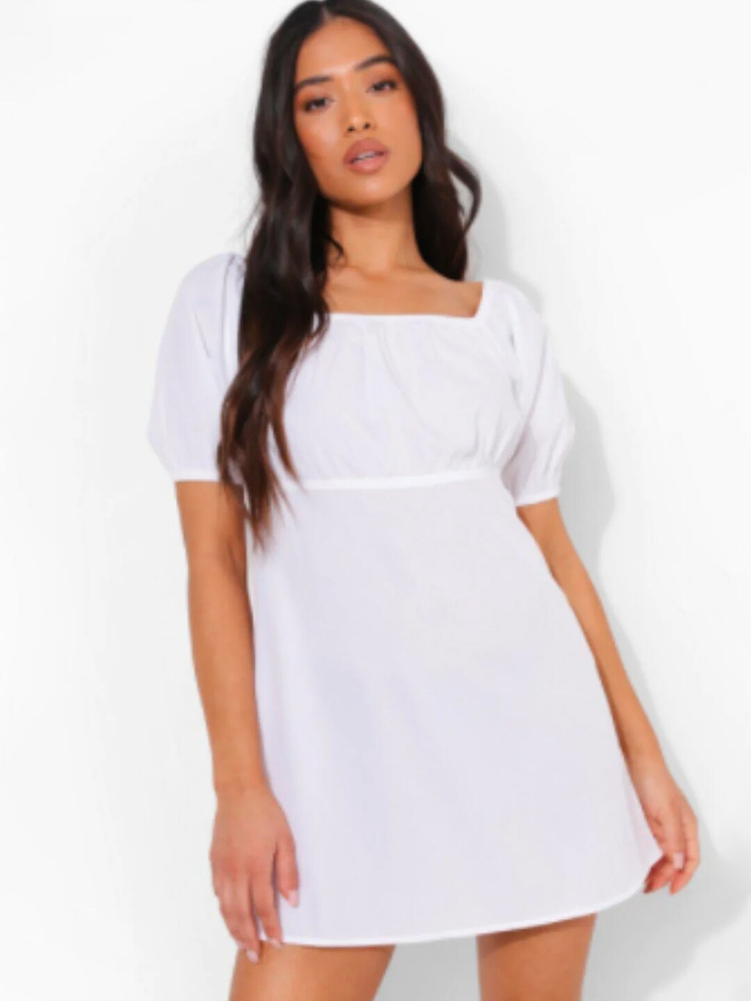 

Styched Puff Sleeves Square Neck Fit & Flare Mini Dress, White