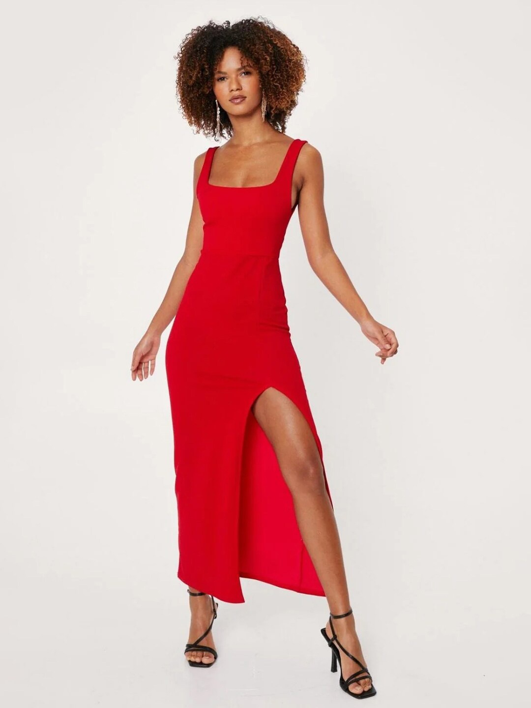 

Styched Square Neck Split Front Cotton Maxi Dress, Red