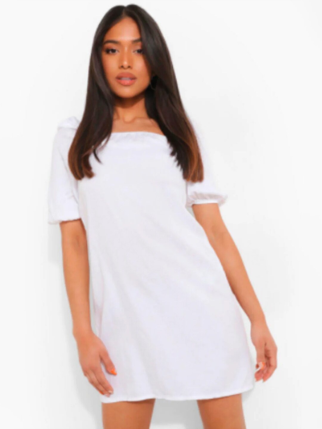 

Styched Square Neck Puff Sleeves Cotton A-Line Dress, White
