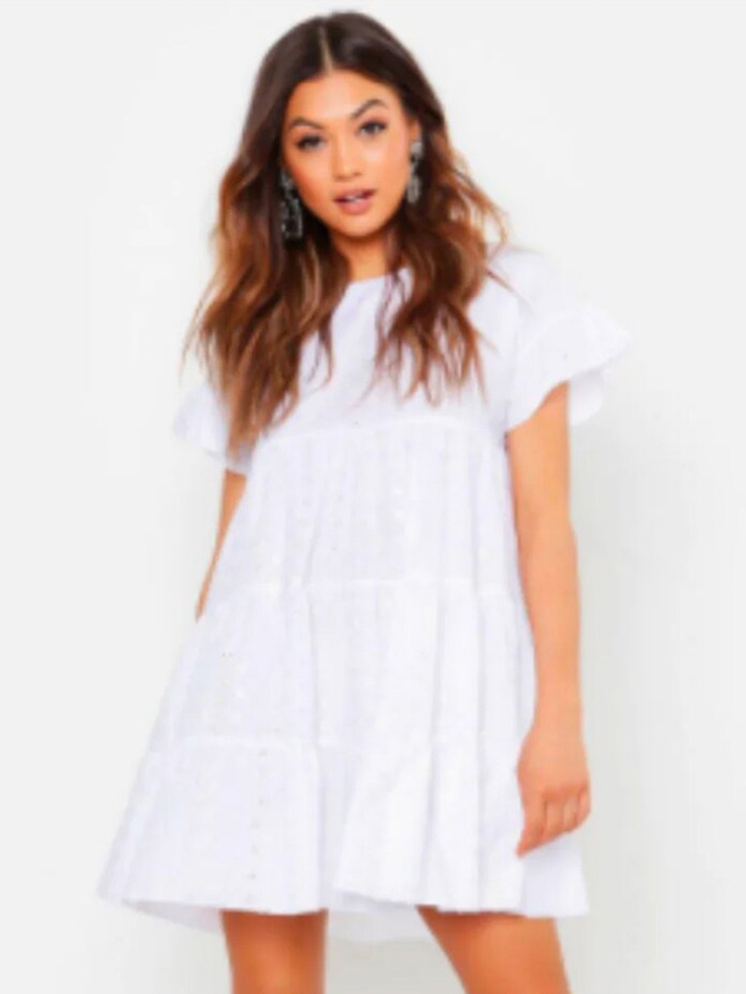 

Styched Flared Sleeves A-Line Dress, White