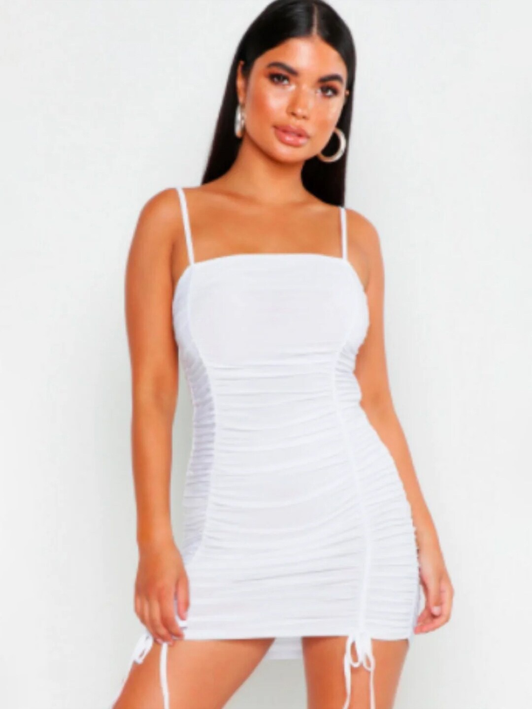 

Styched Shoulder Straps Ruched Detail Bodycon Mini Dress, White