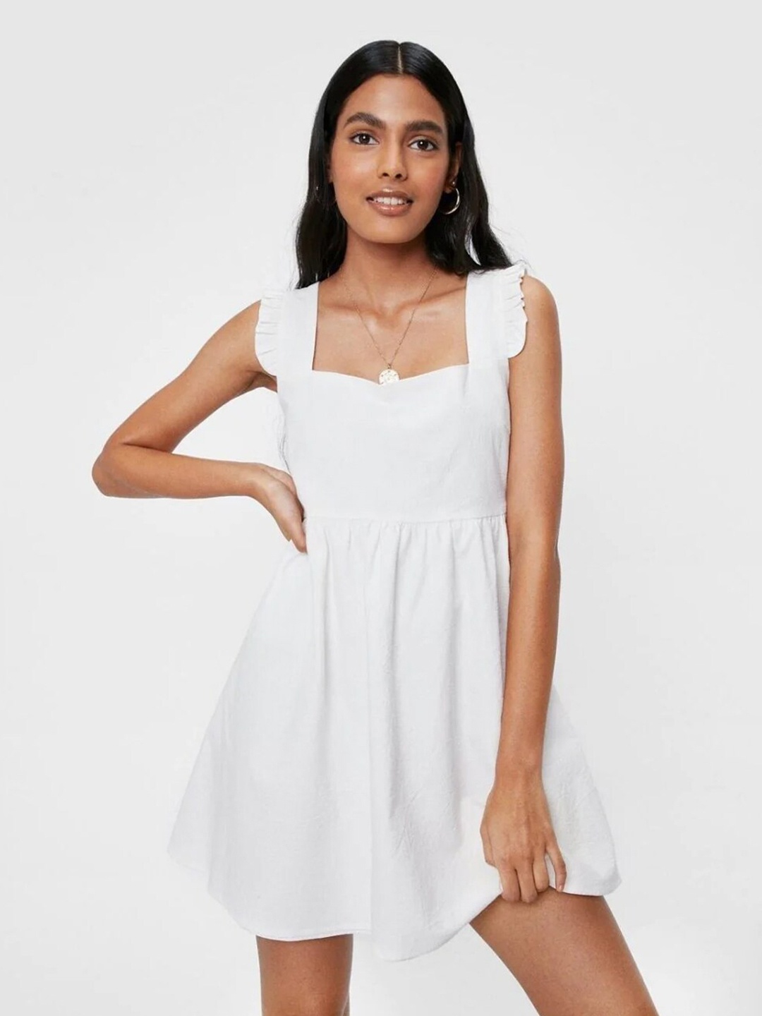 

Styched Square Neck Sleeveless Ruffles Detail Fit & Flare Mini Dress, White