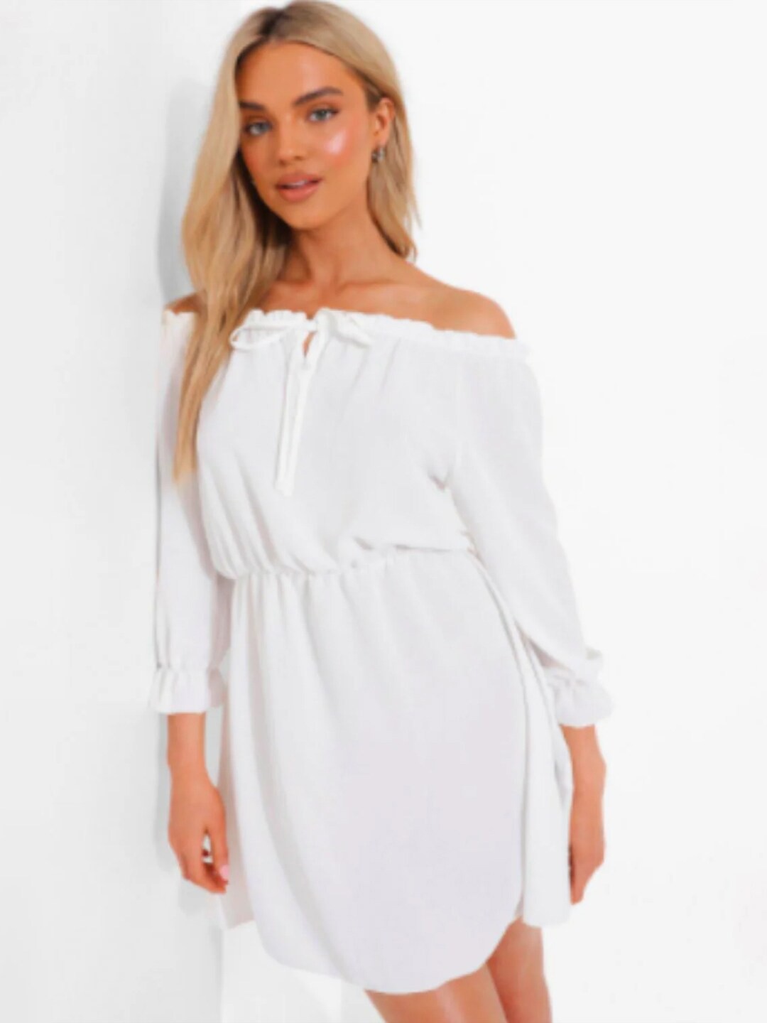 

Styched Off-Shoulder Fit & Flare Dress, White