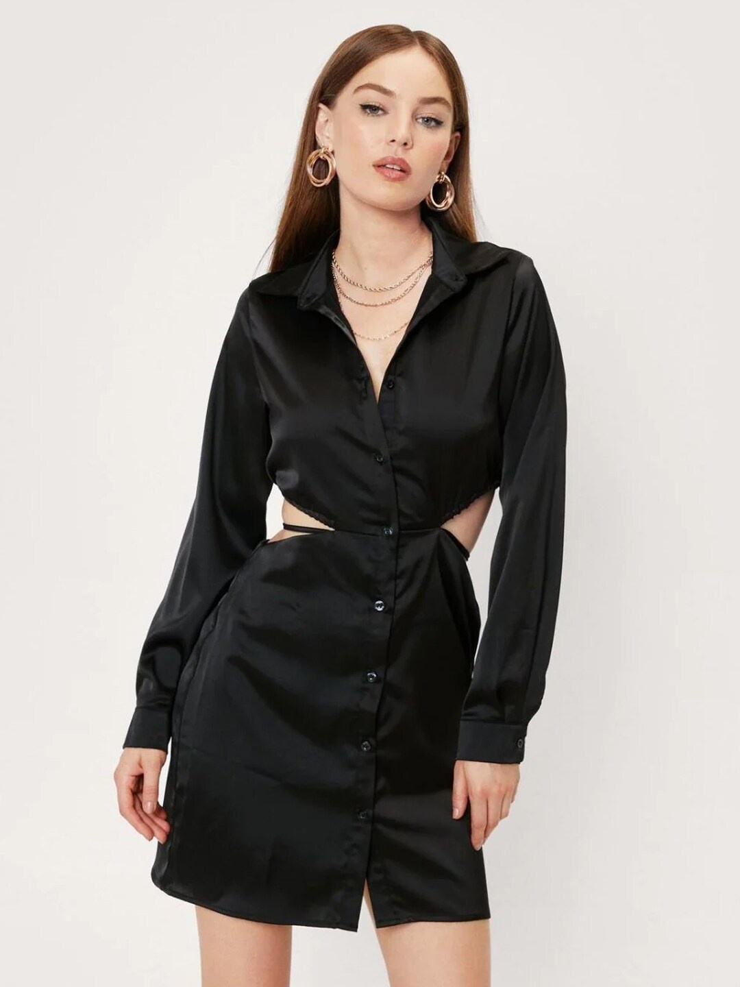 

Styched Satin Cut-Out Detailed Shirt Dress, Black