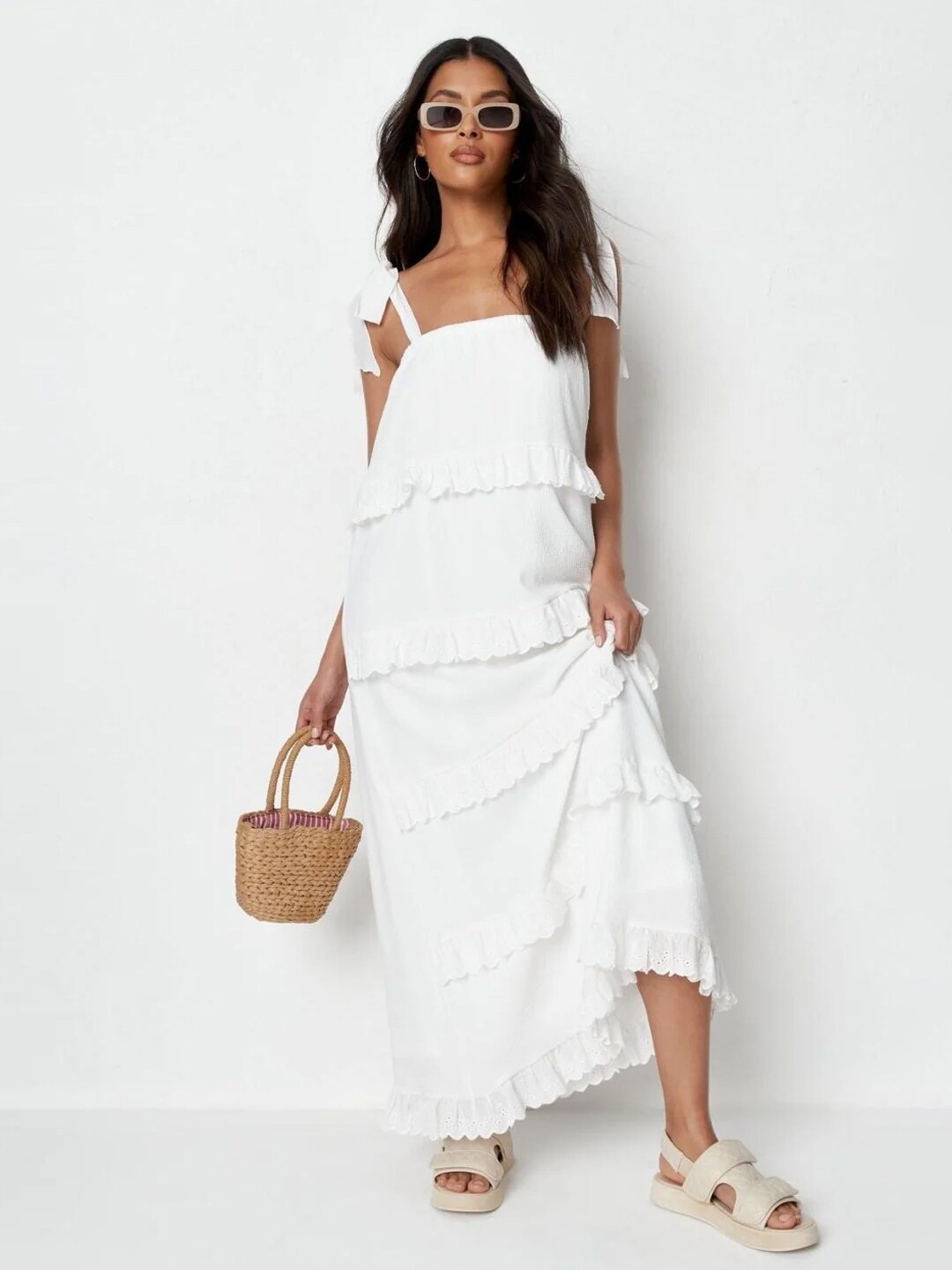 

Styched Shoulder Straps Ruffled Maxi Dress, White