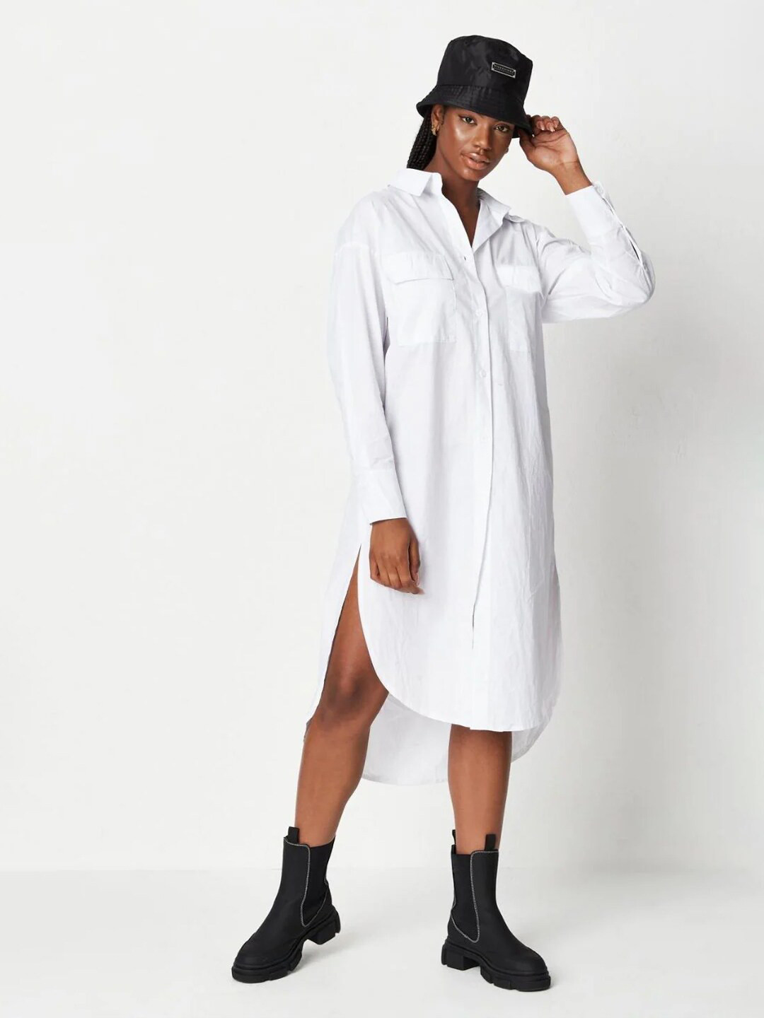 

Styched Shirt Collar Cotton Midi Dress, White