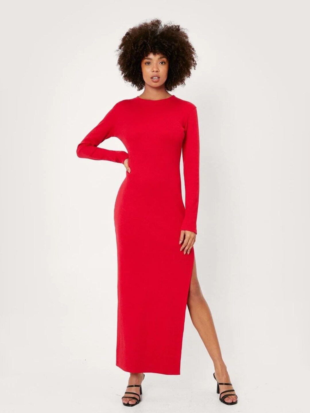 

Styched Round Neck Side Slit Bodycon Maxi Dress, Red