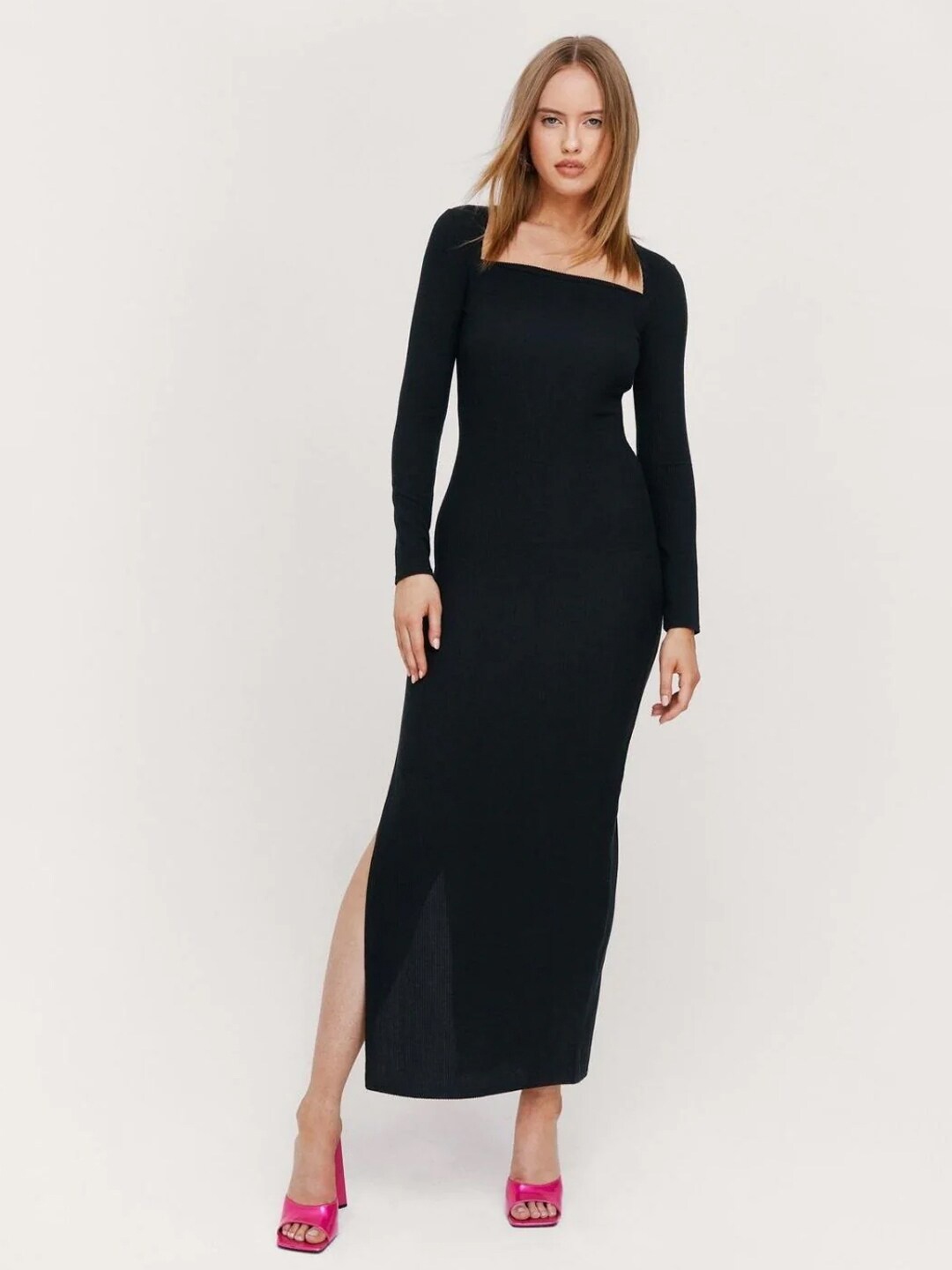 

Styched Square Neck Long Sleeve Sheath Maxi Dress, Black