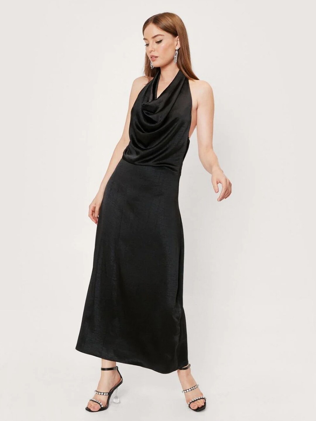 

Styched Cowl Neck Satin Maxi Dress, Black