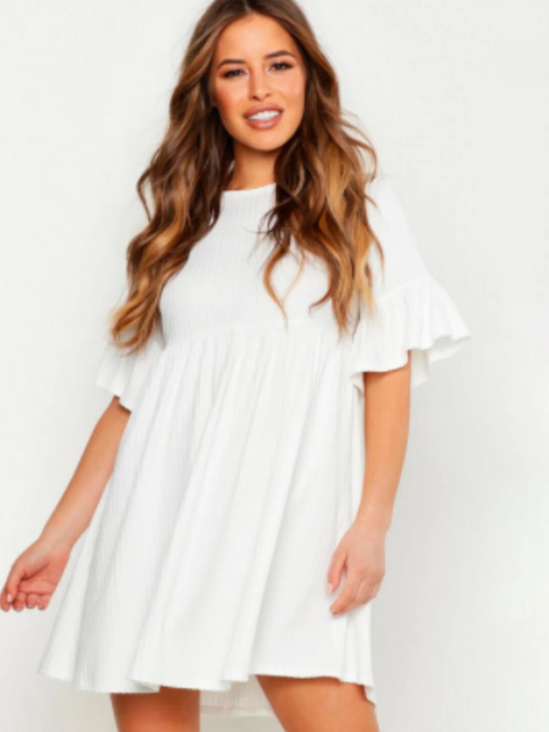 

Styched Round Neck Flared Sleeve Empire Mini Dress, White
