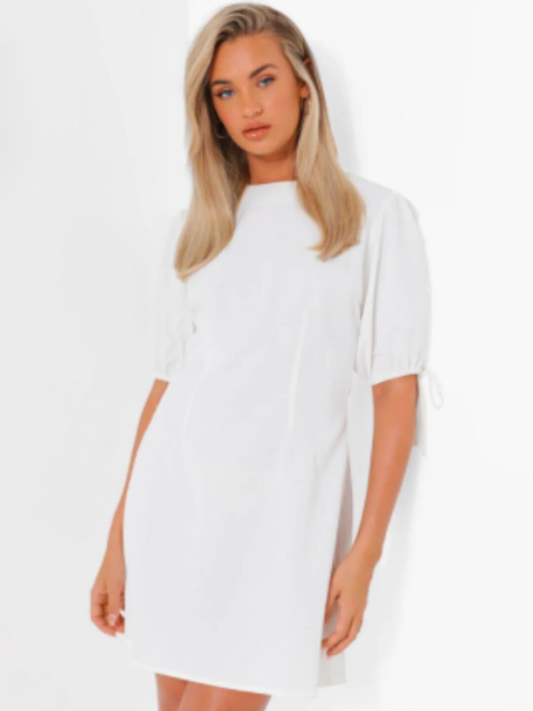 

Styched Round Neck Puff Sleeves A-Line Dress, White