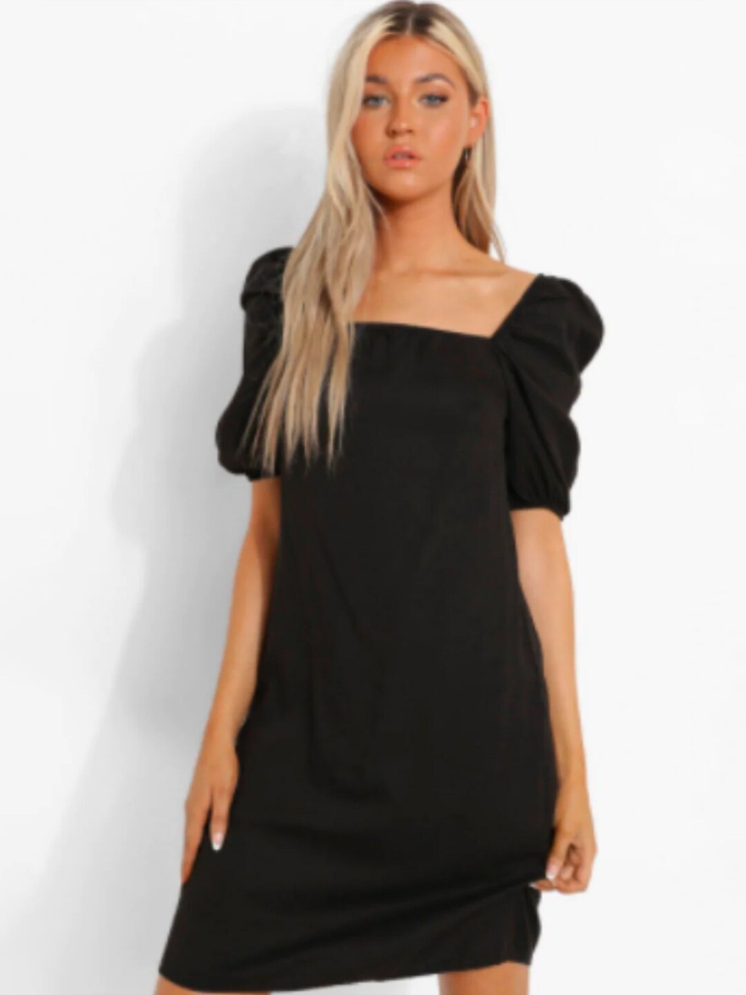 

Styched Square Neck Puff Sleeve A-Line Dress, Black
