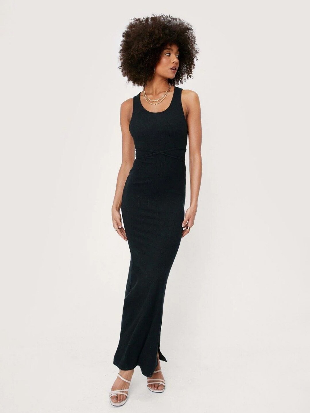 

Styched Shoulder Straps Cut-Out Detailed Cotton Maxi Dress, Black