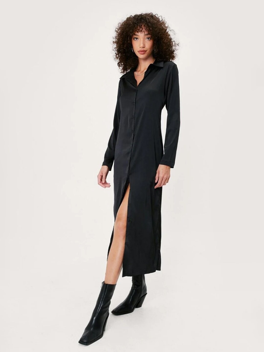 

Styched Shirt Collar Shirt Midi Dress, Black