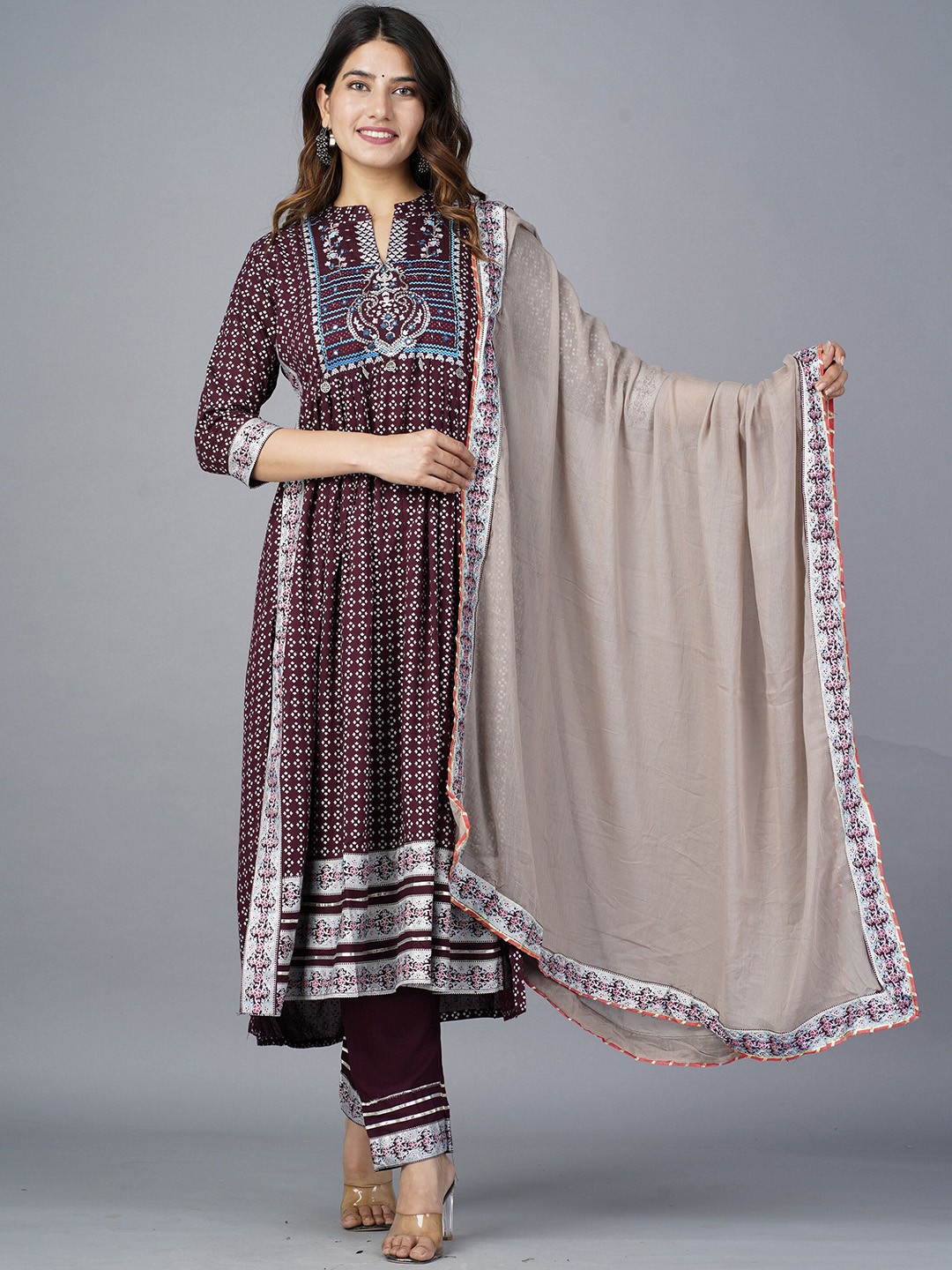 

KALINI Ethnic Motifs Embroidered Regular Thread Work Kurta with Trousers & Dupatta, Maroon