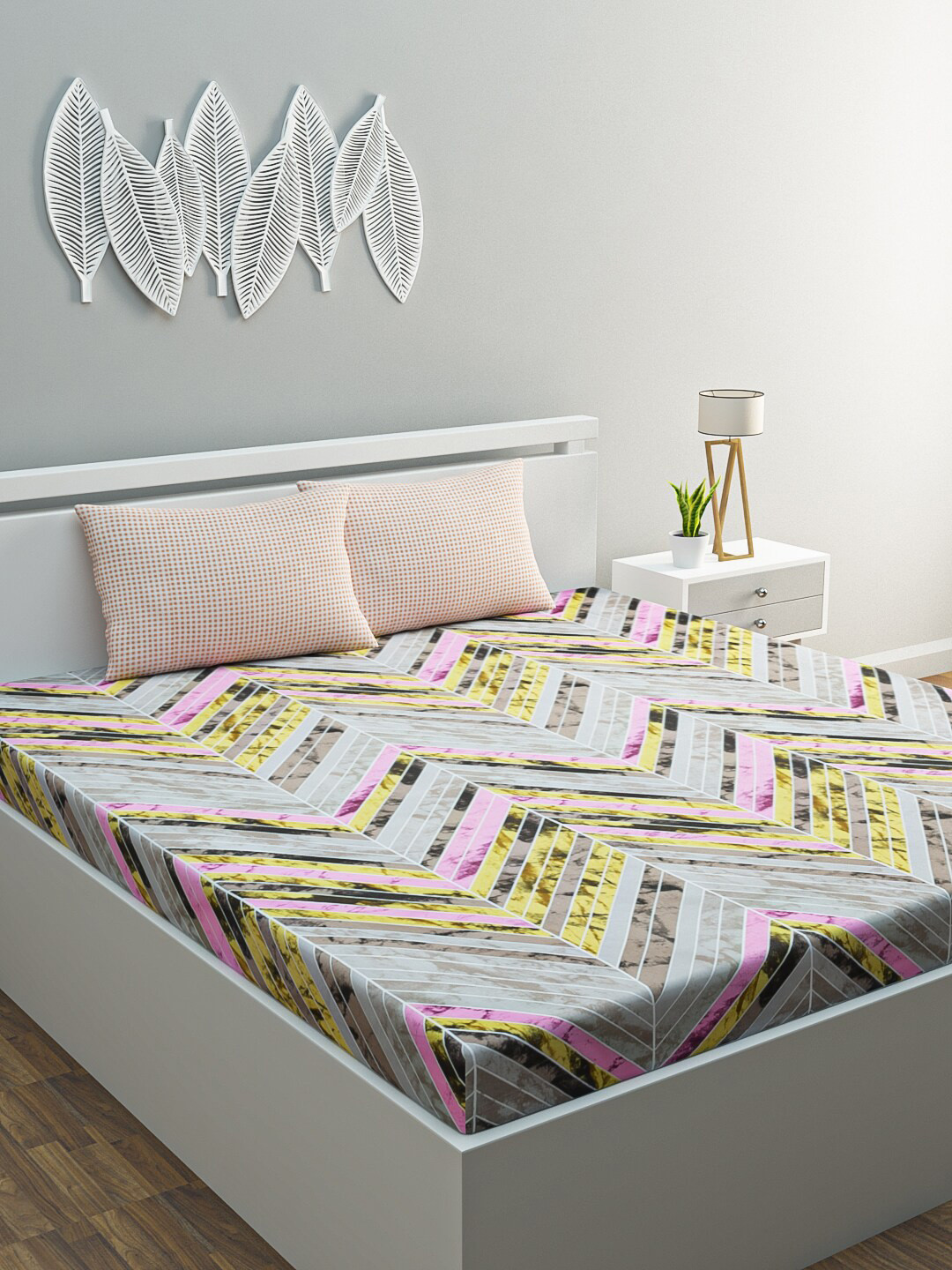 

HERE&NOW Pink & Yellow Geometric Polycotton 120 TC Queen Bedsheet With 2 Pillow Covers