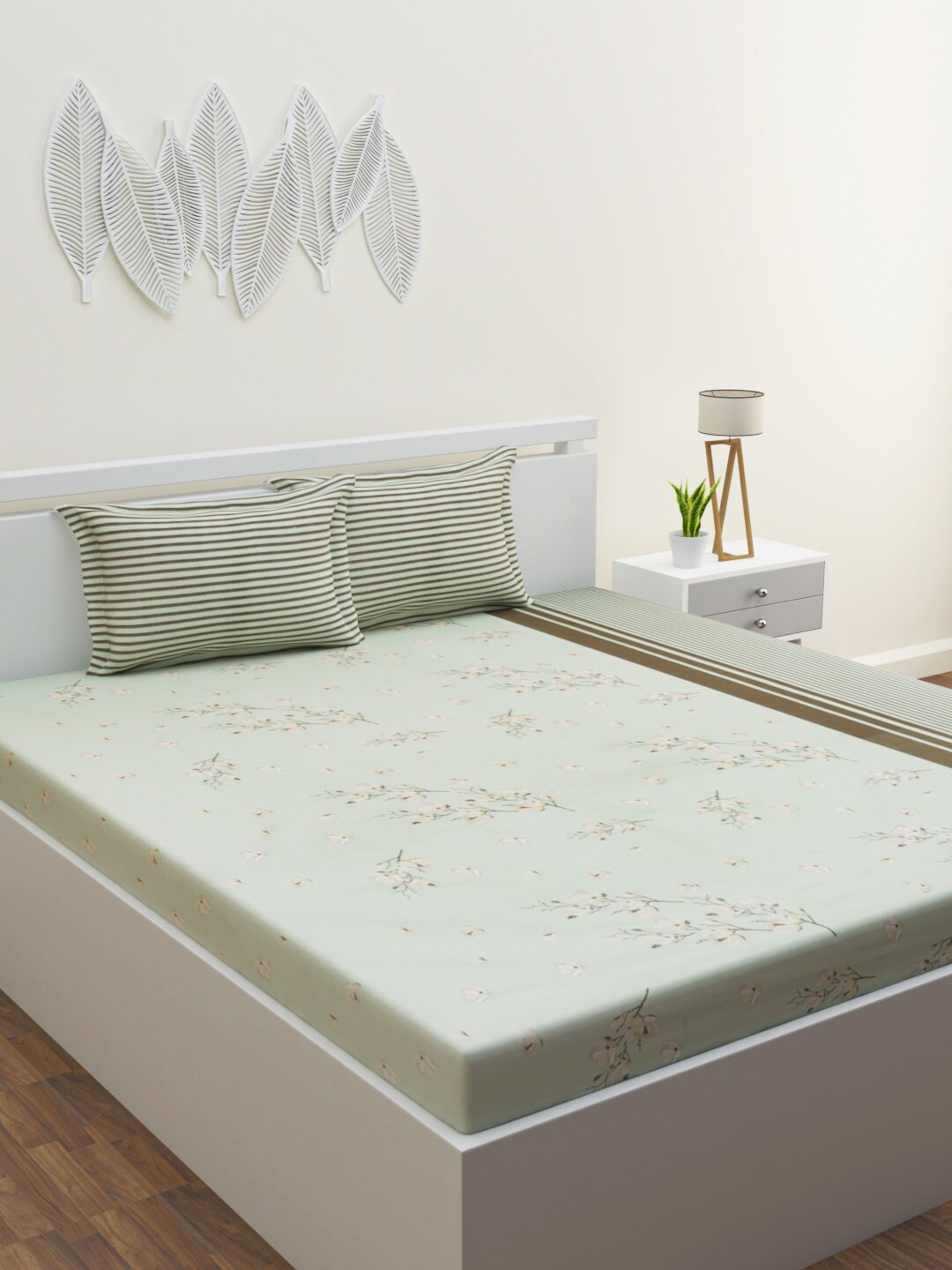 

HERE&NOW Epic Sea Green & Brown Floral 120 TC Queen Bedsheet with 2 Pillow Covers