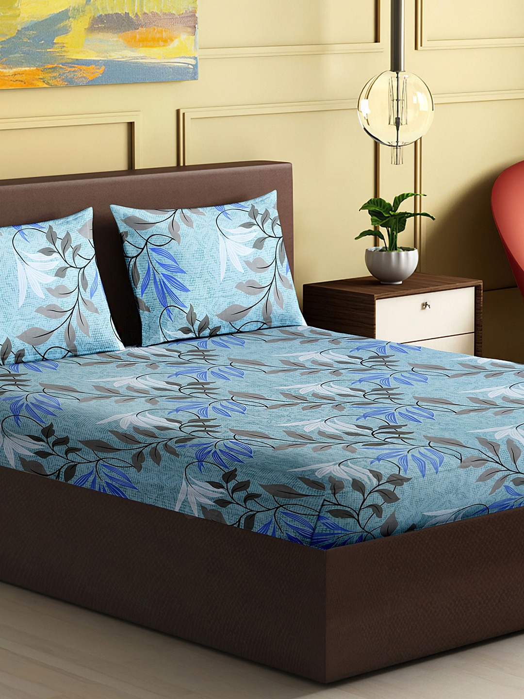 

HERE&NOW Blue & Grey Floral 120 TC Queen Bedsheet with 2 Pillow Covers