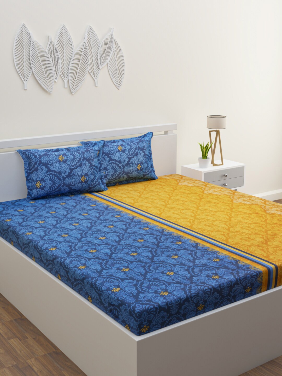 

HERE&NOW Yellow & Blue Ethnic Motifs 120 TC Queen Bedsheet with 2 Pillow Covers