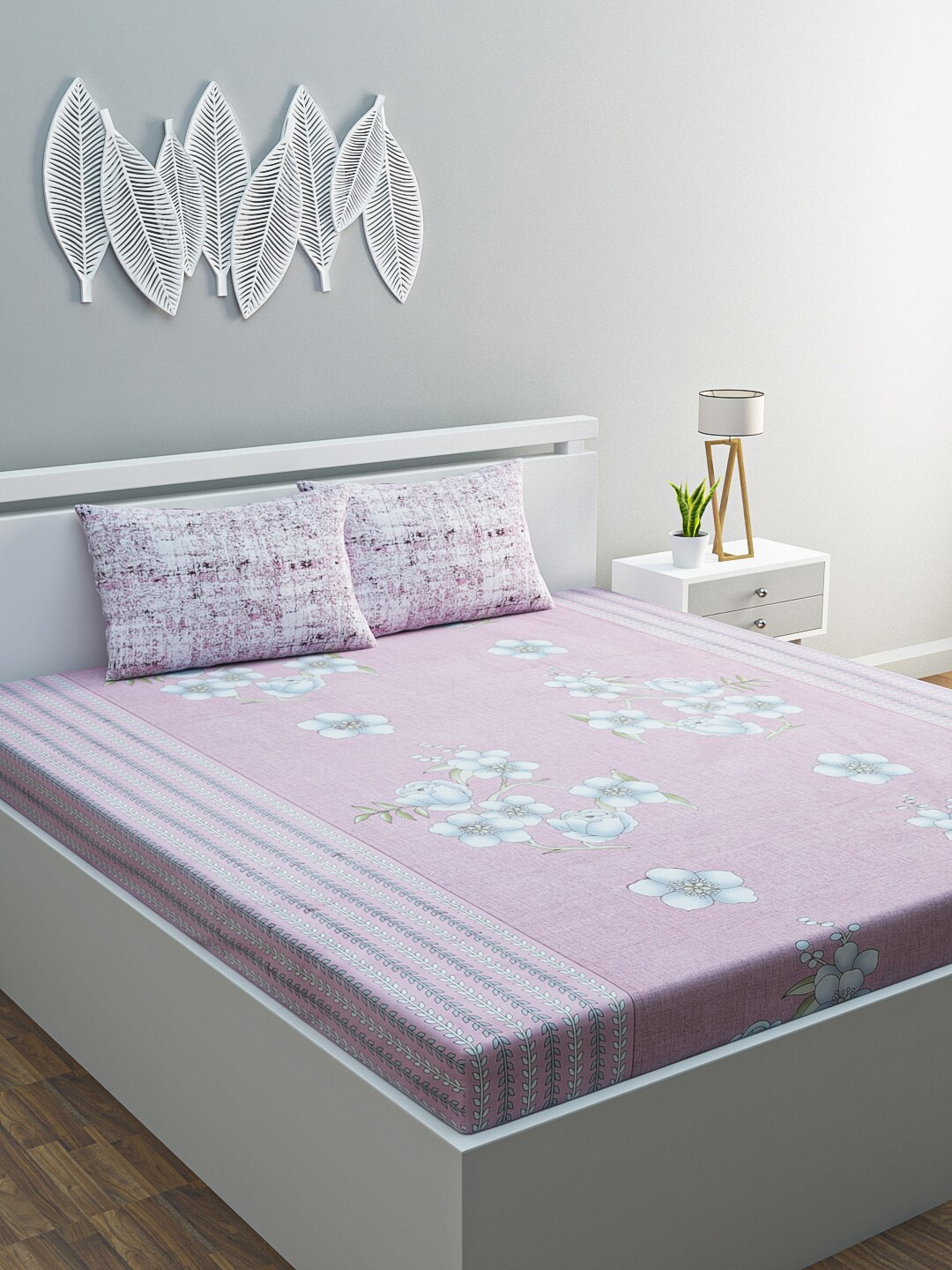 

HERE&NOW Pink & White Floral Printed 120 TC Queen Bedsheet With 2 Pillow Covers