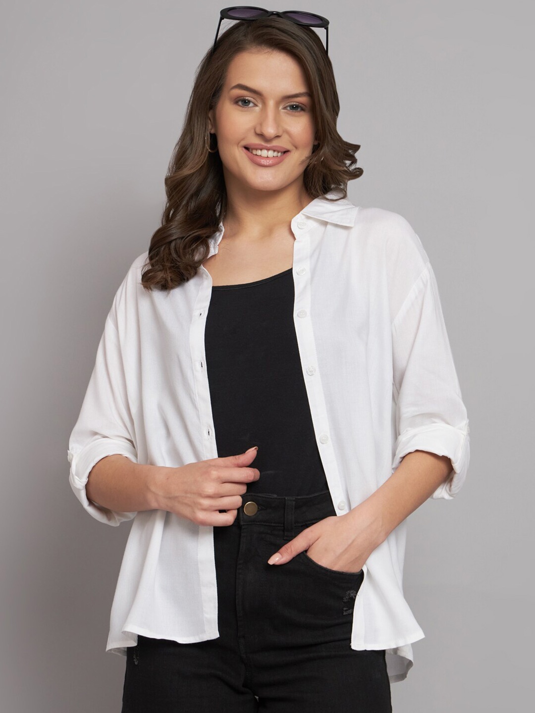 

Funday Fashion Spread Collar Drop Shoulder Sleeves Boxy Casual Shirt, White