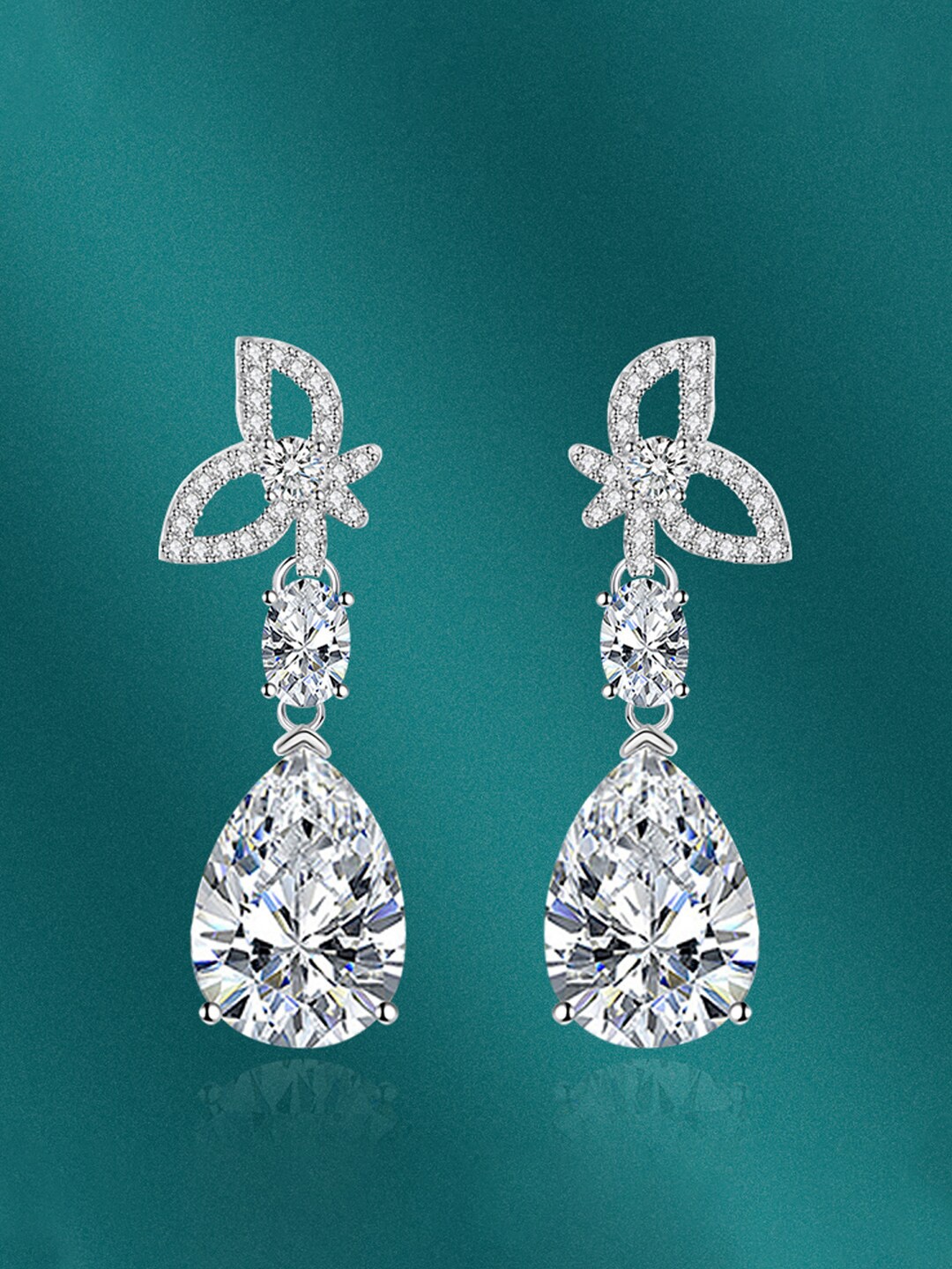 

Designs & You Silver-Plated CZ-Studded Teardrop Shaped Drop Earrings