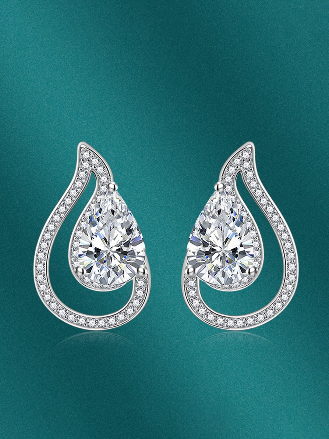 

Designs & You Silver-Plated Cubic Zirconia Studded Teardrop Shaped Stud Earrings