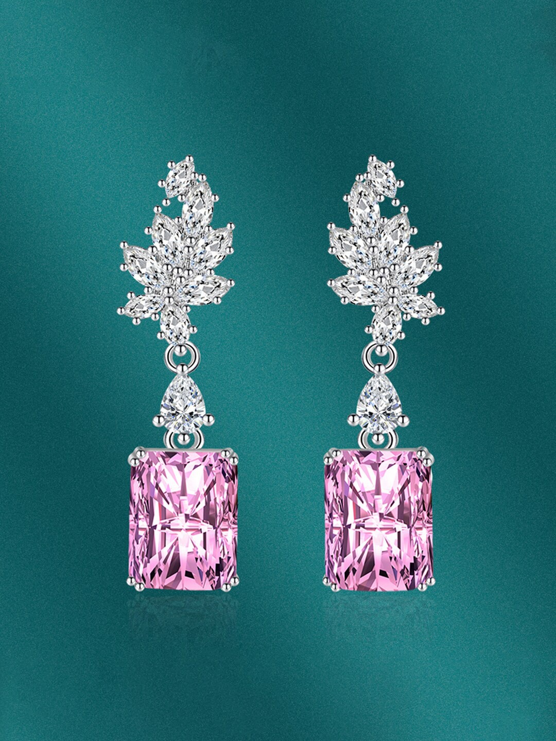 

Designs & You Silver-Plated CZ-Studded Square shaped Drop Earrings