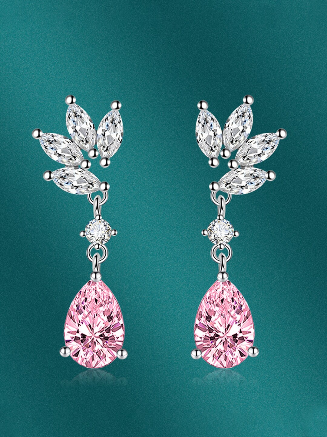 

Designs & You Silver-Plated CZ-Studded Teardrop Shaped Drop Earrings