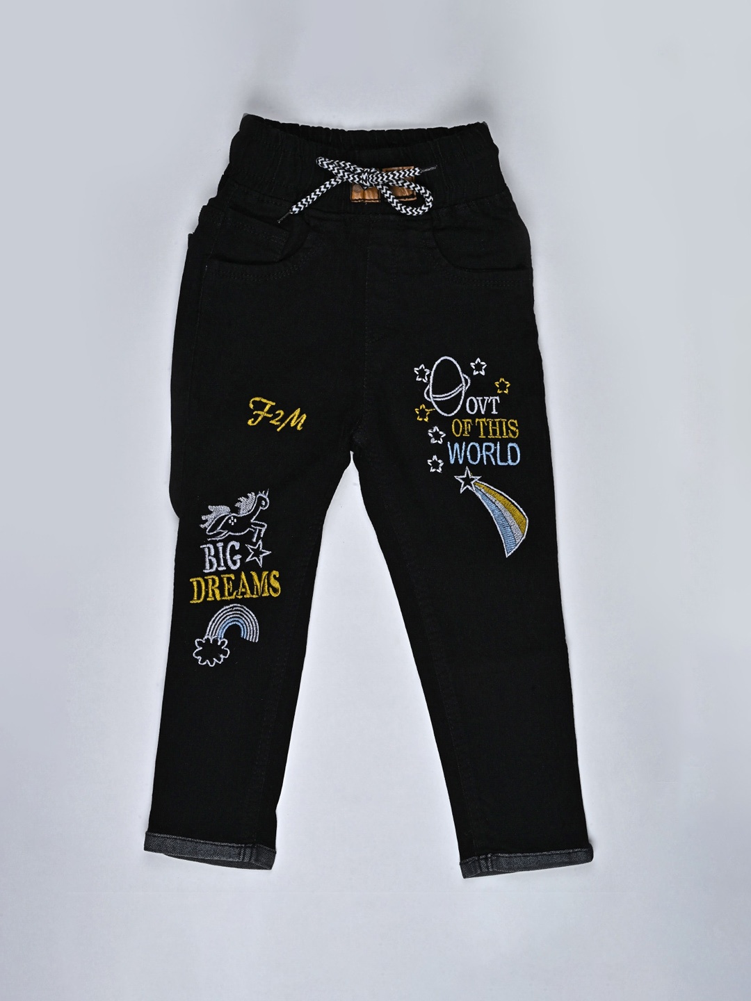 

F2M Unisex Kids Slim Fit Jogger High-Rise Embroidered Stretchable Jeans, Black