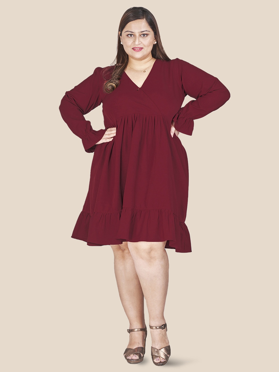 

Curvy Lane Plus Size Gathered Detailed V-Neck Puff Sleeve A-Line Dress, Maroon