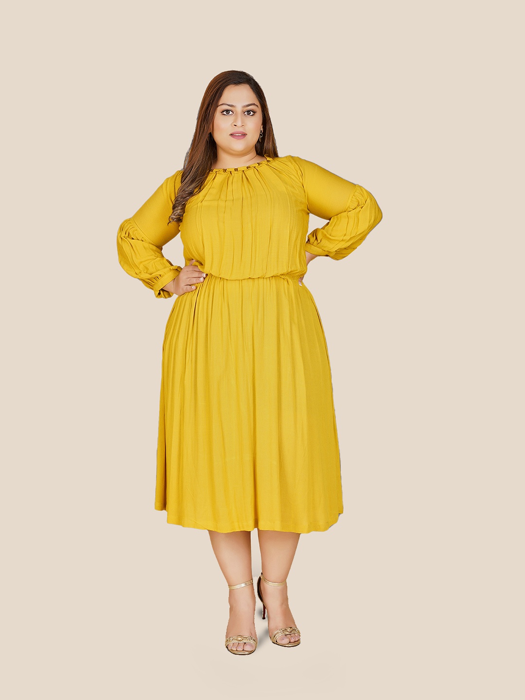 

Curvy Lane Cuffed Sleeves Gathered Fit & Flare Midi Dress, Yellow