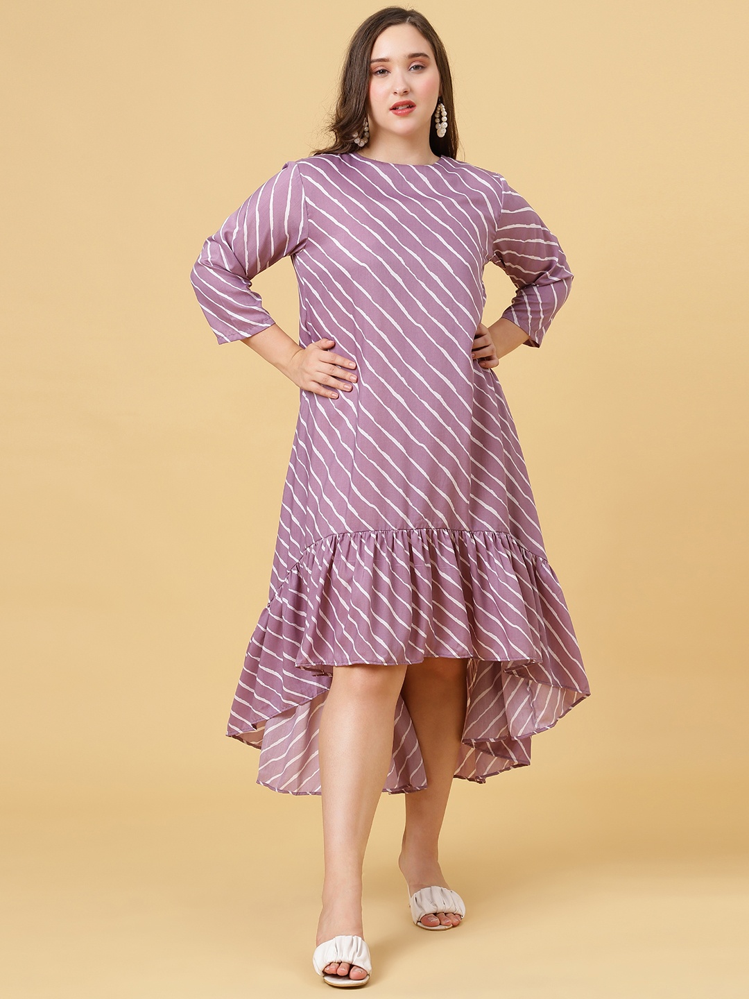 

Curvy Lane Plus Size Striped High-Low A-Line Kurta, Grey