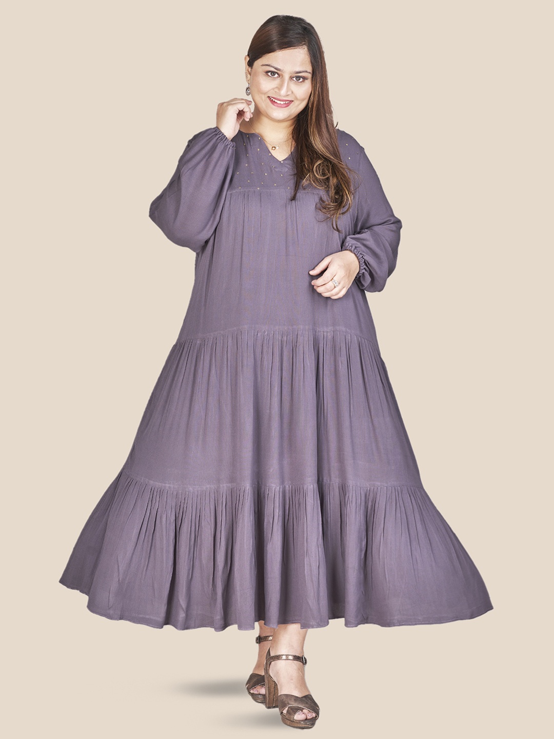 

Curvy Lane Women Plus Size Puff Sleeve Tiered A-Line Midi Dress, Lavender