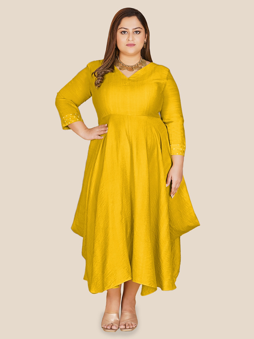 

Curvy Lane Women Plus Size Fit & Flare Silk Ethnic Midi Dress, Yellow