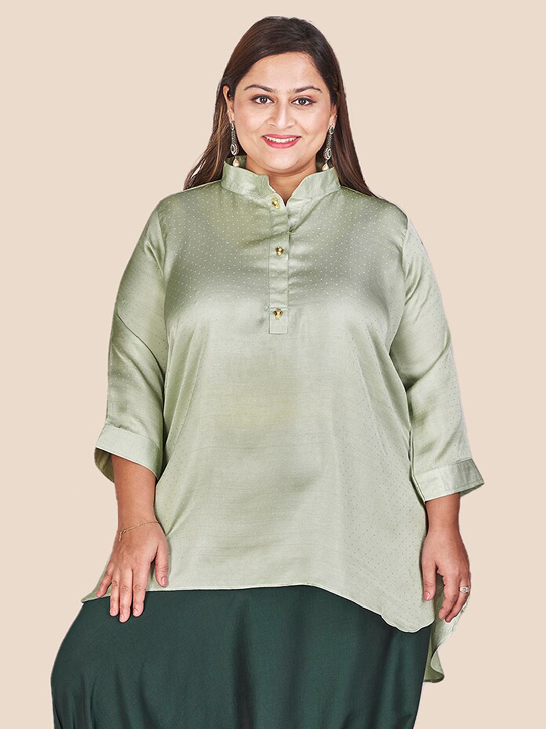 

Curvy Lane Plus Size Mandarin Collar High-Low Longline Top, Grey