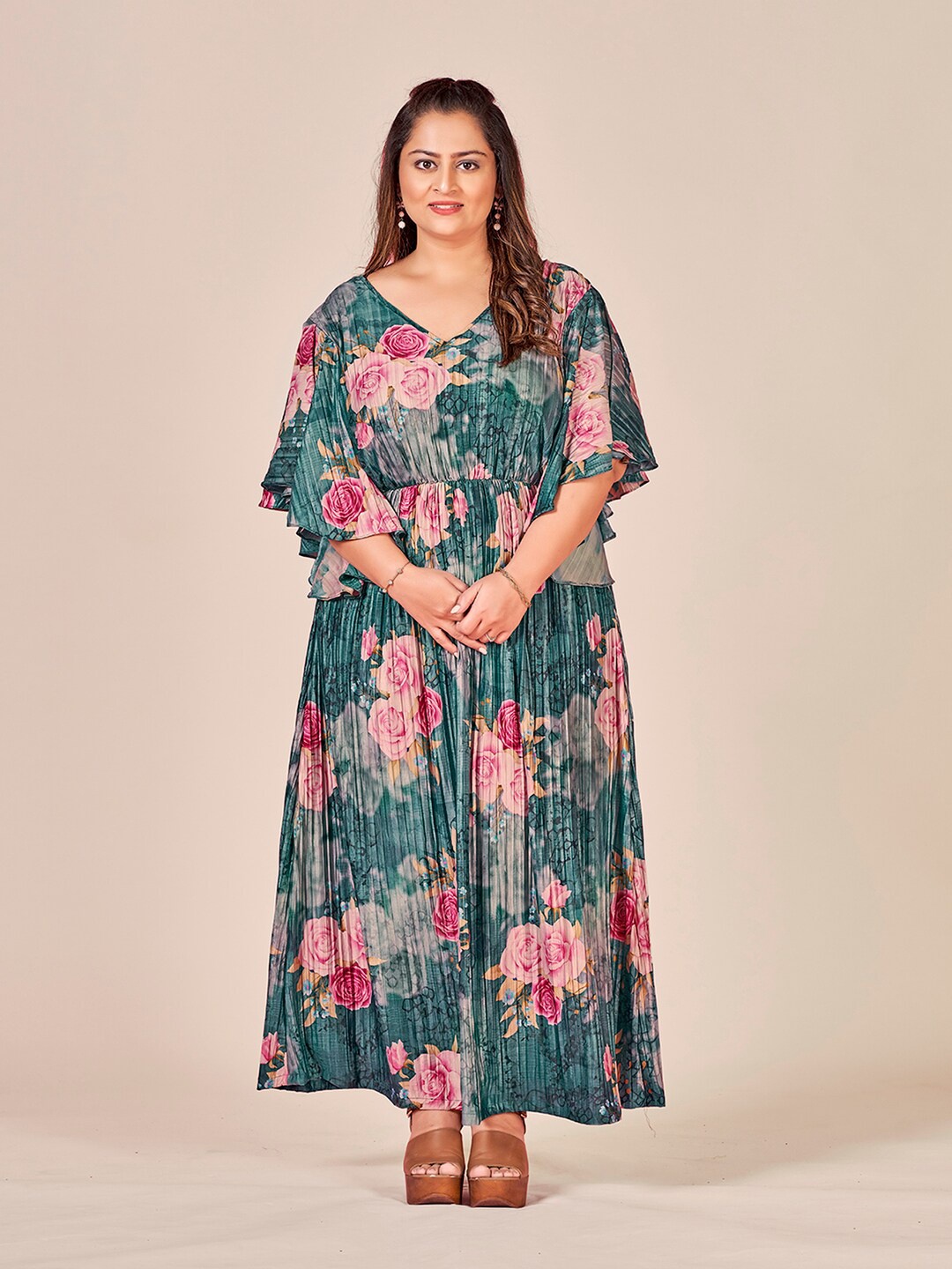 

Curvy Lane Plus Size Floral Printed Flared Sleeves Gathered Maxi Dress, Steel