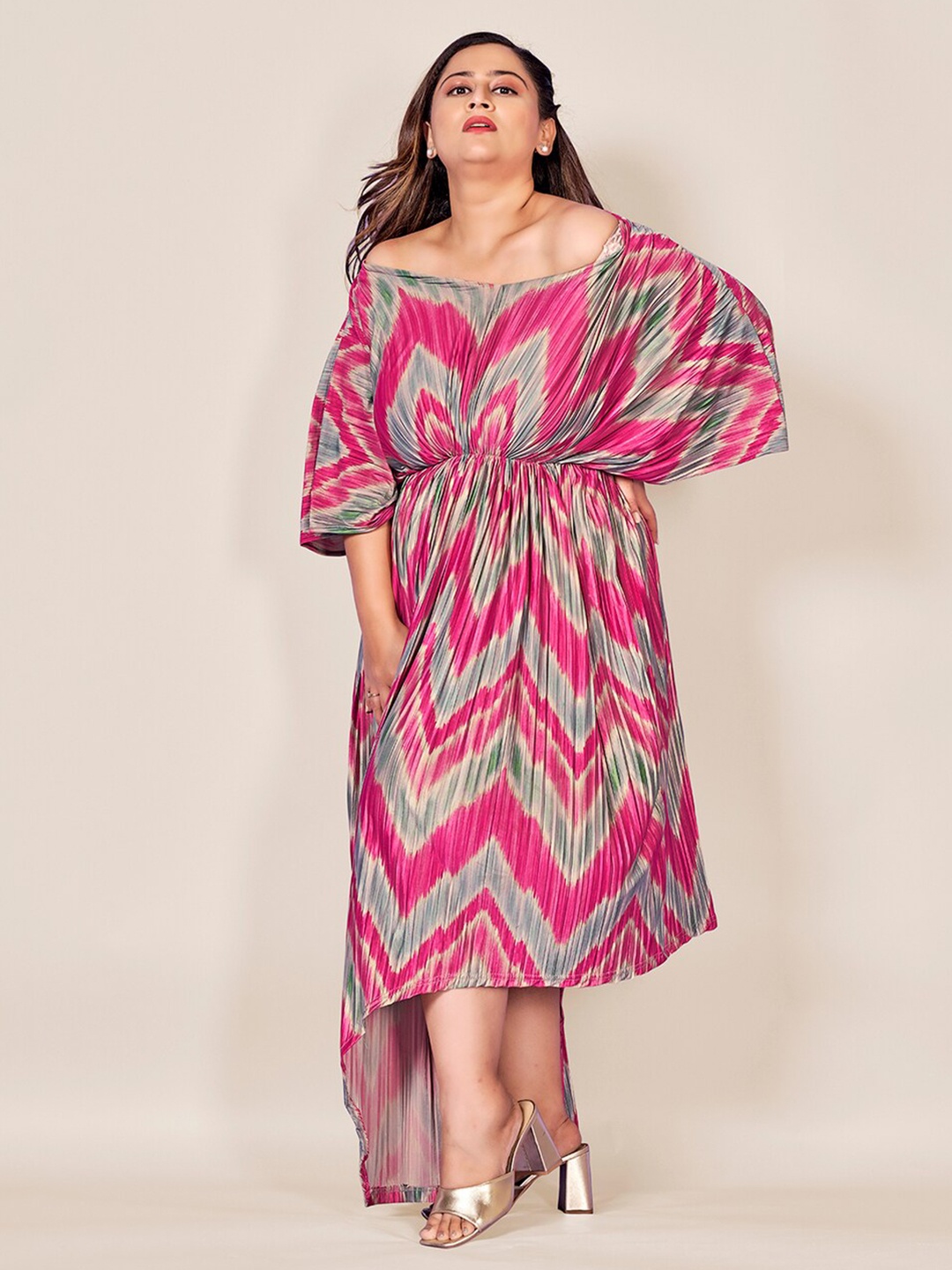 

Curvy Lane Plus Size Tie & Dye Printed V-Neck Flared Sleeves Gathered Blouson Dress, Pink